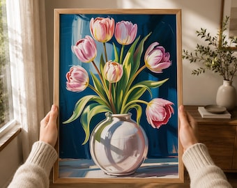 Moody Navy Tulip Floral Art Print, Painterly Vase Poster, Living Room Decor (Digital Download)