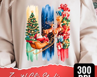 Xmas Santa Sleigh png | Watercolor Reindeer PNG | Holiday Sublimation Design