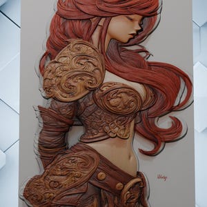 Könnte beinhalten: Detaillierte Illustration einer Frau mit fließendem rotem Haar und geschlossenen Augen, die eine verzierte braune Rüstung mit komplizierten Schnitzereien trägt. Das Kunstwerk ist ein Seitenprofil, das das Design der Rüstung und den ruhigen Ausdruck der Frau zeigt.
