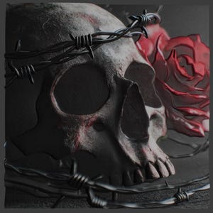 May include: A grayscale image of a skull with a barbed wire crown and a red rose. The skull has dark eye sockets and a textured surface. The rose is a deep red color, and the barbed wire is a dark gray.