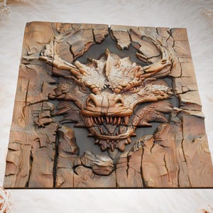 May include: A detailed, wooden relief carving of a dragon's head emerging from a stone wall. The dragon is brown with intricate scales and sharp teeth. The surrounding stone is textured with cracks and crevices.