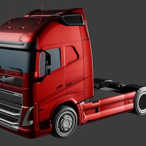 May include: A red semi-truck cab with a black grill and a black spoiler. The truck has a black and silver trim around the windows and a black step on the side.