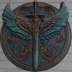 A painting in the form of a coat of arms with: a vertical sword, symmetrical wings, a deep decorative bas-relief
