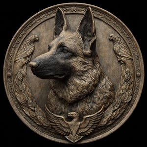 Könnte beinhalten: Eine bronzefarbene, kreisförmige Reliefskulptur mit dem Kopf eines Deutschen Schäferhundes im Profil. Der Hund ist von dekorativen Elementen umgeben, darunter Adler, Lorbeerkränze und ein Rand mit aufwendigen Details. Die Skulptur hat eine Vintage-Ästhetik.