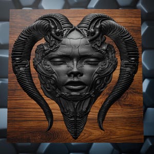 Biomechanische Frauenmaske (STL) | Cybergothisches Relief-3D-Modell | Tiefenkarte für CNC-Bearbeitung und 3D-Druck | Futuristisches Wandbild