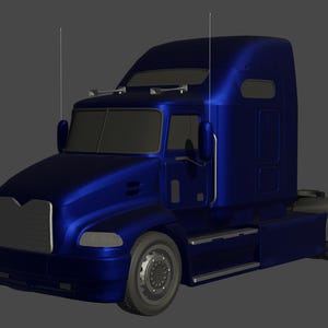 May include: A blue semi-truck with a sleeper cab. The truck has a large grill and headlights. The truck is on a gray background.