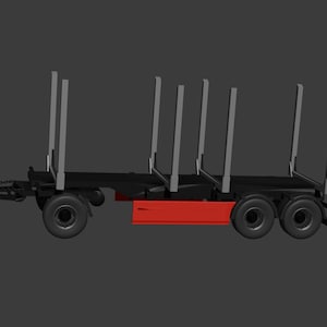 Könnte beinhalten: Ein schwarzer Holztransporter mit roter Heckstoßstange und sechs vertikalen Stützen zum Transport von Holz. Der Anhänger hat vier schwarze Räder und einen schwarzen Metallrahmen.