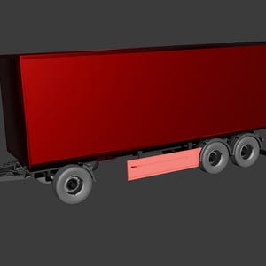 Può includere: Un rimorchio a cassone rosso con un telaio grigio e quattro pneumatici neri. Il rimorchio ha un paraurti in metallo grigio e una porta posteriore rossa.
