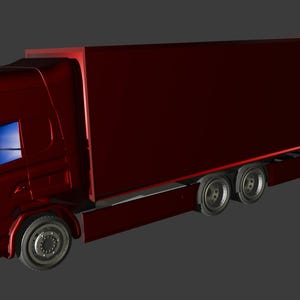 May include: A red articulated lorry with a large box trailer. The truck has a white front bumper and a blue tinted windscreen.