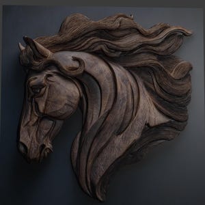 May include: A detailed wooden carving of a horse's head, showcasing intricate textures and flowing mane. The sculpture is in shades of brown and is mounted on a dark gray background. The horse's eye is visible, adding depth to the artwork.