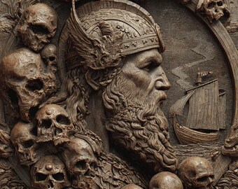 May include: A detailed, brown relief carving featuring a Viking warrior in profile, adorned with a winged helmet and long beard. The warrior is surrounded by skulls and a ship sailing on the sea, all within an oval frame.