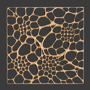 May include: A square decorative panel featuring a metallic gold finish with an intricate, open-work lattice pattern of interconnected, organic, cell-like shapes of varying sizes that create a complex, porous, and webbed geometric design.