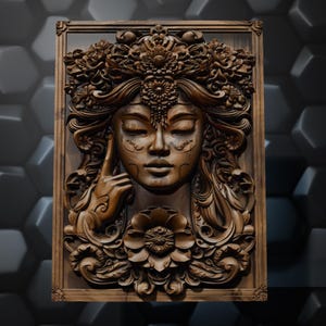 Elegantes Frauenporträt (STL) | Florales Barockrelief (CNC-Modell) | Datei für 3D-Holzschnitzerei