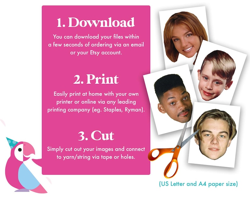 May include: Pink and blue illustration of a bird with a party hat.  Instructions for downloading, printing, and cutting out images for a craft project.  The text says "Download", "Print", and "Cut".  The text also says "US Letter and A4 paper size".