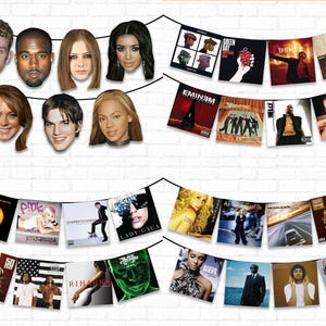 K&ouml;nnte beinhalten: Eine Girlande aus bunten Albumcovern mit beliebten Musikern wie Pink, Rihanna, Lady Gaga, Eminem, Usher und vielen mehr. Die Albumcover sind mit einem schwarzen Band verbunden und an einer wei&szlig;en Backsteinwand aufgeh&auml;ngt.
