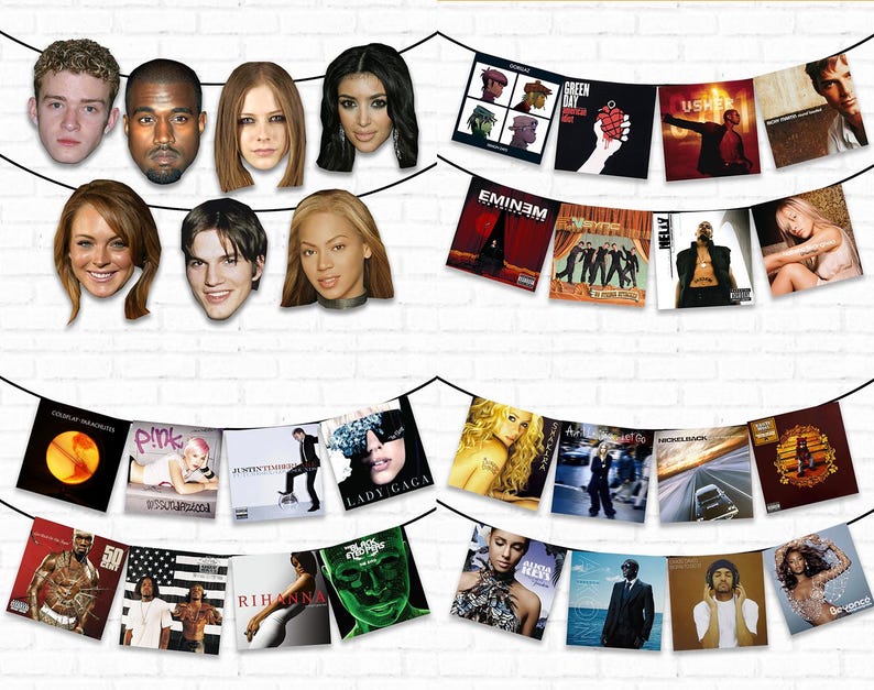 K&ouml;nnte beinhalten: Eine Girlande aus bunten Albumcovern mit beliebten Musikern wie Pink, Rihanna, Lady Gaga, Eminem, Usher und vielen mehr. Die Albumcover sind mit einem schwarzen Band verbunden und an einer wei&szlig;en Backsteinwand aufgeh&auml;ngt.