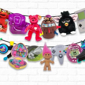 Feestbanner jaren 90 || Speelgoed uit de jaren 90 || Feestdecoratie jaren 90 || Afdrukbare 90's feestdecoratie rekwisieten || Verjaardagsslingers || Nostalgie uit de jaren 90