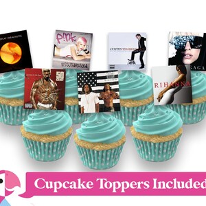 May include: Set of 10 cupcake toppers featuring album covers from popular artists including Coldplay, Pink, Justin Timberlake, Rihanna, and 50 Cent. The toppers are printed on cardstock and are perfect for decorating cupcakes for a music-themed party.