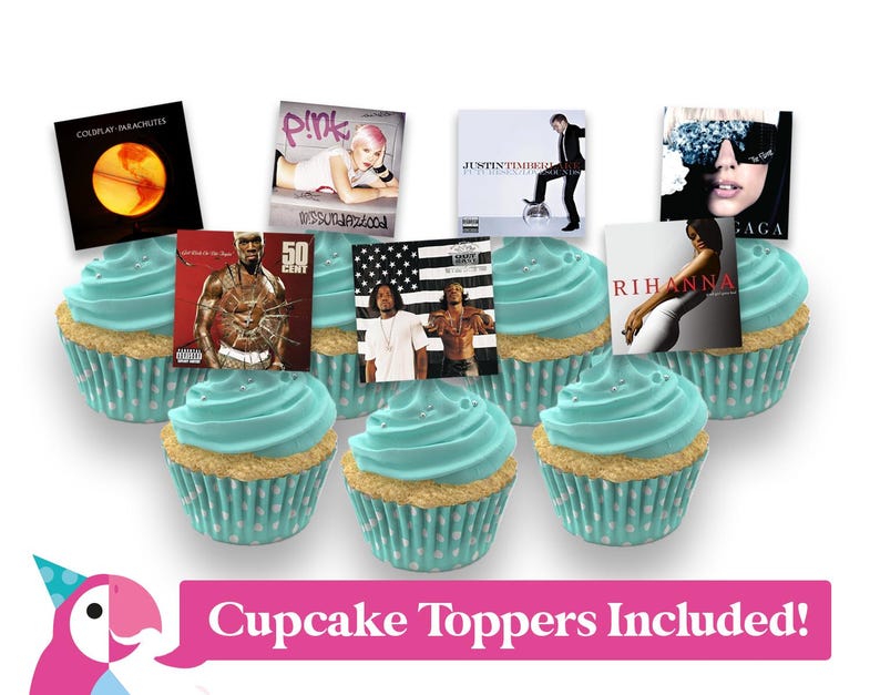 May include: Set of 10 cupcake toppers featuring album covers from popular artists including Coldplay, Pink, Justin Timberlake, Rihanna, and 50 Cent. The toppers are printed on cardstock and are perfect for decorating cupcakes for a music-themed party.