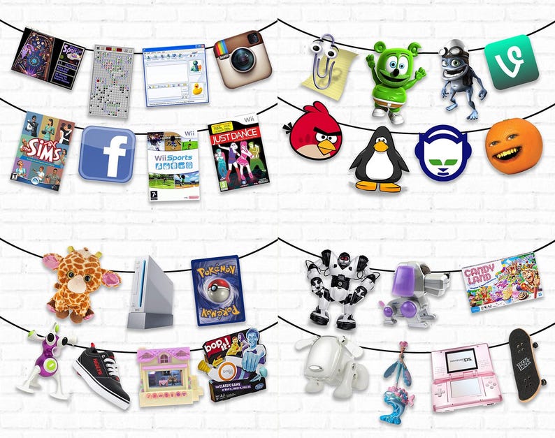 K&ouml;nnte beinhalten: Eine Schnur mit bunten Bildern und Objekten, die an einer wei&szlig;en Backsteinwand h&auml;ngen. Die Bilder zeigen beliebte Social-Media-Logos, Videospielfiguren und Spielkonsolen. Zu den Objekten geh&ouml;ren ein Stoffgiraffe, ein wei&szlig;er Roboter und ein lila Roboter.