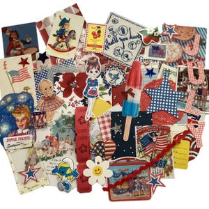 Confezione da 40+ pezzi di diario di carta intestata ispirata al vintage, con adesivi, posta ordinaria, posta felice, kit per diario del 4 luglio, in rosso, bianco e blu.