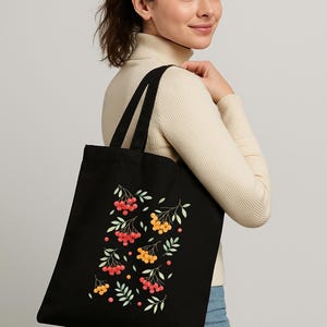 Organic Cotton Tote Bag – Natural Canvas with Rowan Botanical Illustration – Eco Reusable Grocery Bag – Rowan Branches