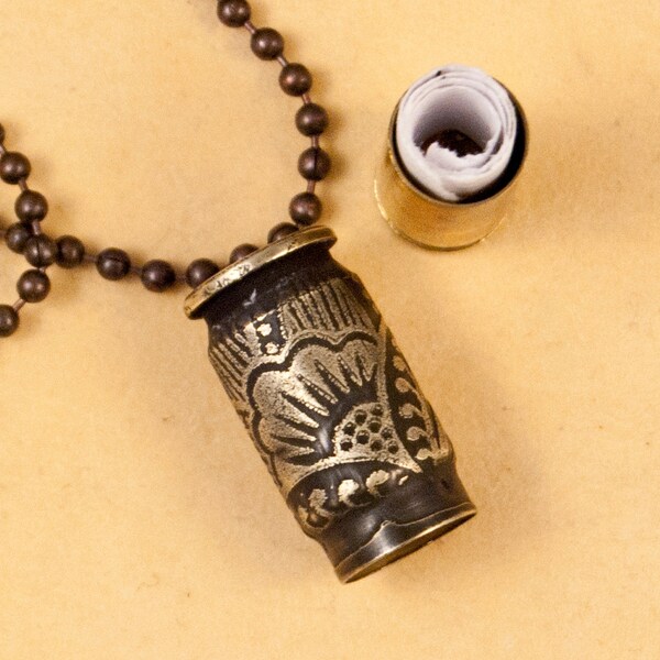 Mini time capsule pendant - "Graphic Lotus" etched bullet pendant - bullet necklace - locket