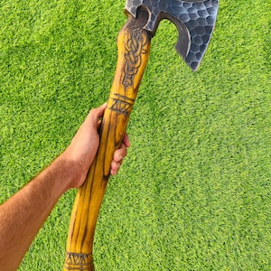 Hand-Forged Viking Axe with Carved Handle | Carbon Steel Hatchet | Outdoor Bushcraft Tool | Gift for Him | Norse Inspired Axe