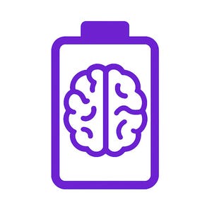 Könnte beinhalten: Ein lila Symbol, das eine Batterieform mit einem Gehirn-Grafik im Inneren zeigt. Das Gehirn ist eine stilisierte Darstellung, die auf geistige Energie oder Kapazität hindeutet. Das Design ist einfach und modern.