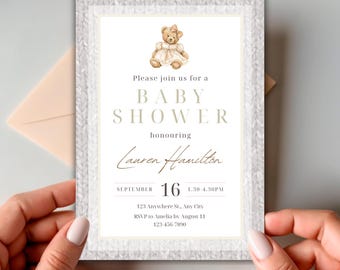 Vintage Teddy Bear Polo Baby Shower Invitation - Editable template