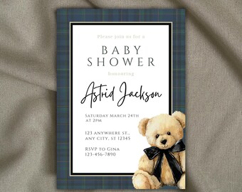 Black Tie Polo Bear Baby Shower Invitation - Editable template