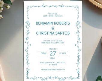 Teal Border Wedding Invitation - Customized for you, digital download