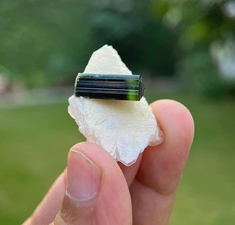 May include: A dark green and black tourmaline crystal on a white crystal matrix. The crystal is about 1 inch long and has a smooth, polished surface.