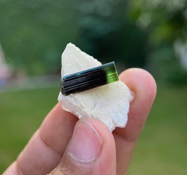 May include: A small, dark green and black crystal specimen on a white rock. The crystal is about 1 inch long and has a striated surface.