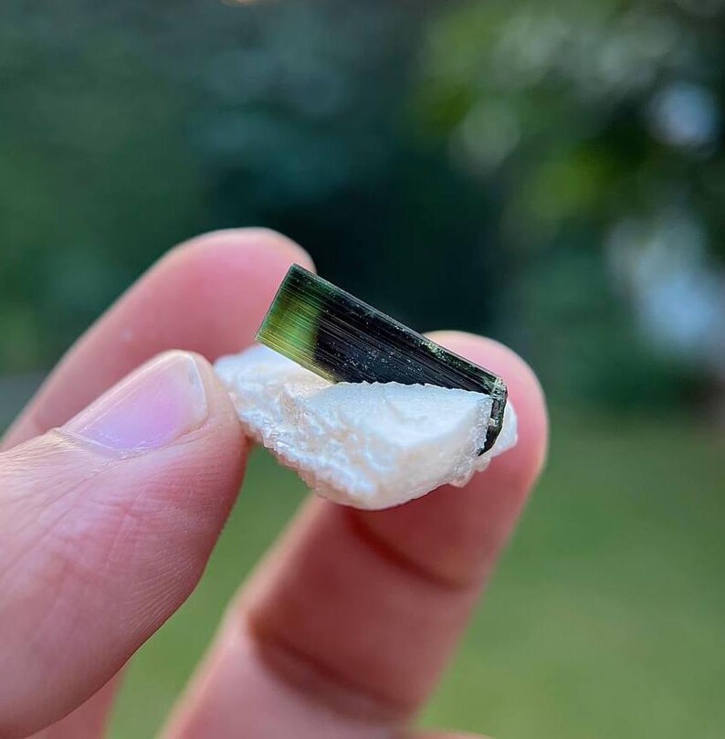 May include: A small, dark green and black crystal specimen on a white rock. The crystal is translucent and has a striated surface.