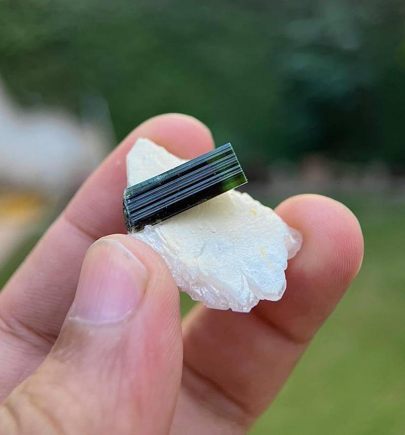 May include: A dark green tourmaline crystal on a white quartz matrix. The crystal is long and slender with striations on its surface.