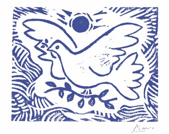 パブロ・ピカソ「平和の青い鳩」リノカット版画、直筆サイン入り、COA