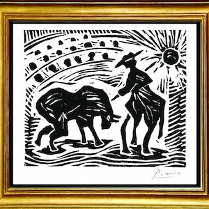 Pablo Picasso &quot;Bullfight in Arena” Original Hand-Signed Limited Edition Linocut Print with COA (unframed)