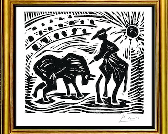 Pablo Picasso "Bullfight in Arena” Original Hand-Signed Limited Edition Linocut Print with COA (unframed)
