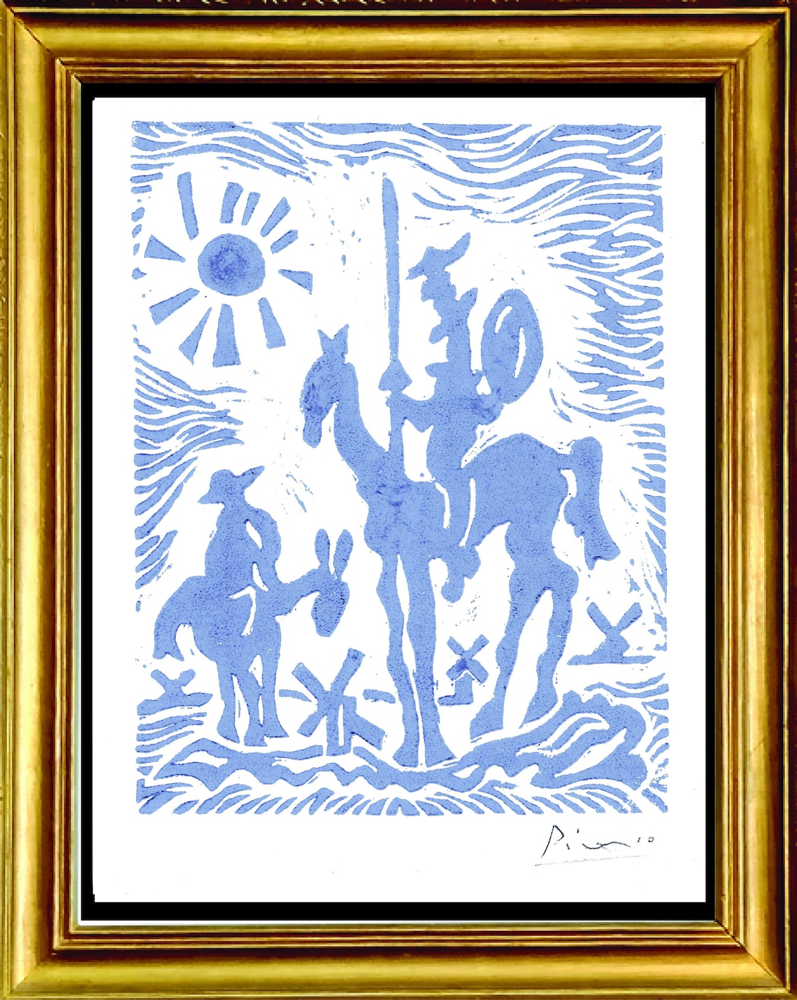 Pablo Picasso Don Chisciotte e mulini a vento Originale firmato a mano Limited Edition Linocut