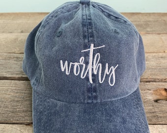 Worthy-Christian saying pigment dyed dad hat, baseball handwritten. Faith dad cap, maroon, forest, navy. Embroidered hat