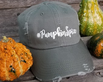 Pumpkin Spice distressed olive dad hat, baseball hat, stitched, fall, ivory thread,adjustable