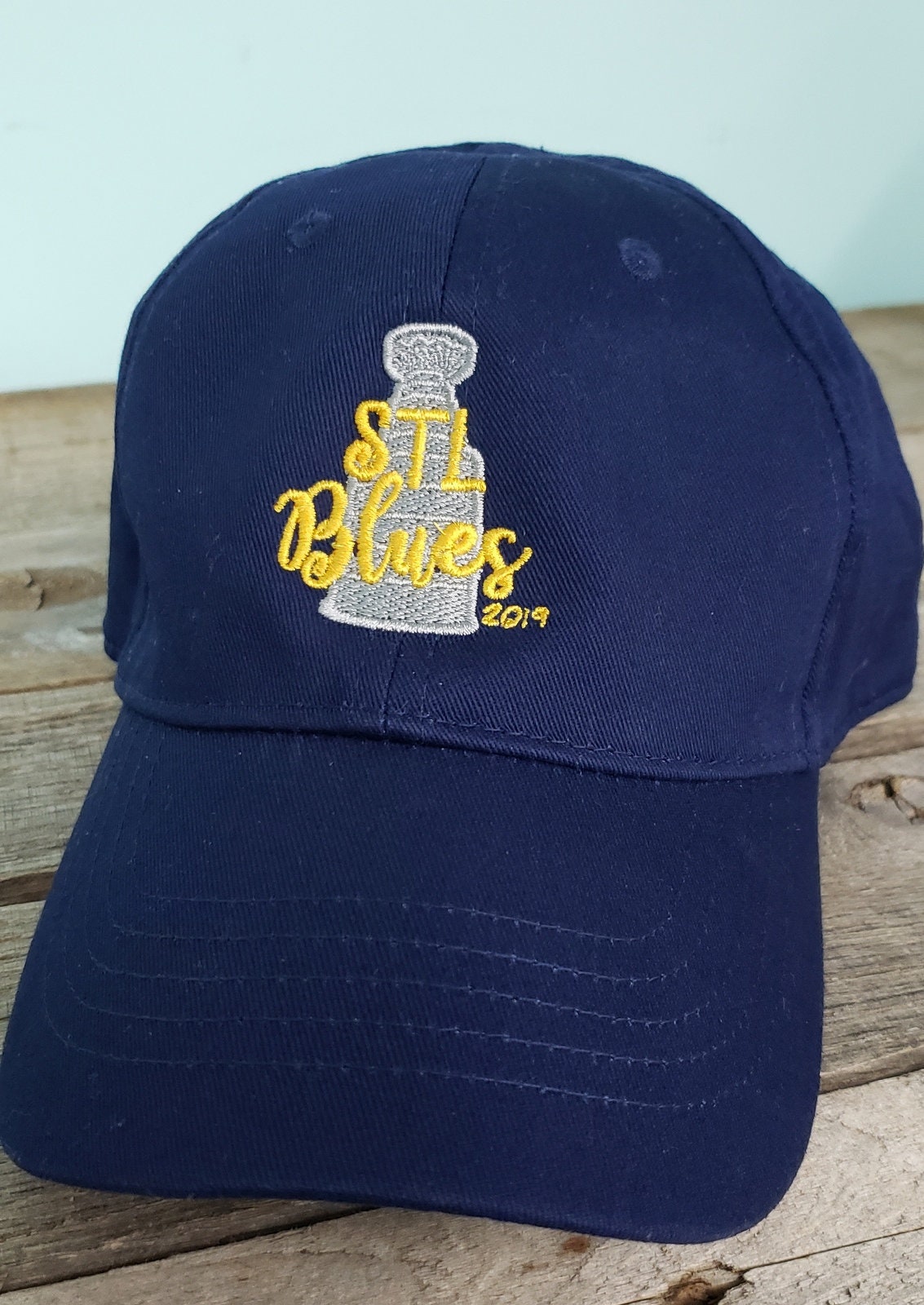St. Louis Blues Hat/ Blues Hat/Embroidered Blues Hat/ Play Gloria/ Stanley  Cup/ Navy Trucker hat w/ Gold STL and white stanley