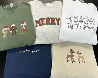 Christmas Embroidered Sweatshirts~You Choose Your Design~Rudolph~Puppy Dogs~Christmas Lights~Tis the Season