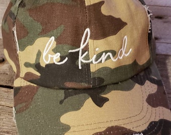 Be Kind distressed camo baseball hat unstructured slide closure