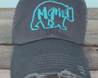 mama bear Baseball cap, distressed, momlife hat, new mom gift, mom gift,mama bear gift-Nickel hat with turquoise thread, Mother's Day Gift