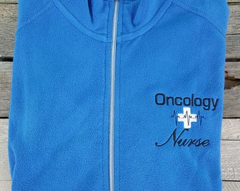 Oncology Nurse Jacket Royal Blue Ladies Lightweight Fleece Full Zip Customized