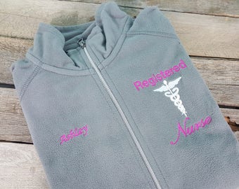 Registered Nurse Jacket Caduceus Grey Ladies Lightweight Fleece Full Zip Customized