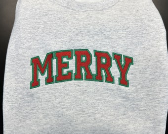 Christmas Embroidered Sweatshirt~MERRY~Crewneck Sweatshirt~Vintage Christmas~Collegiate Font