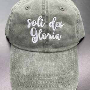 Soli Deo Gloria pigment dyed dad hat, baseball handwritten.Faith dad cap, maroon, forest, navy. Embroidered